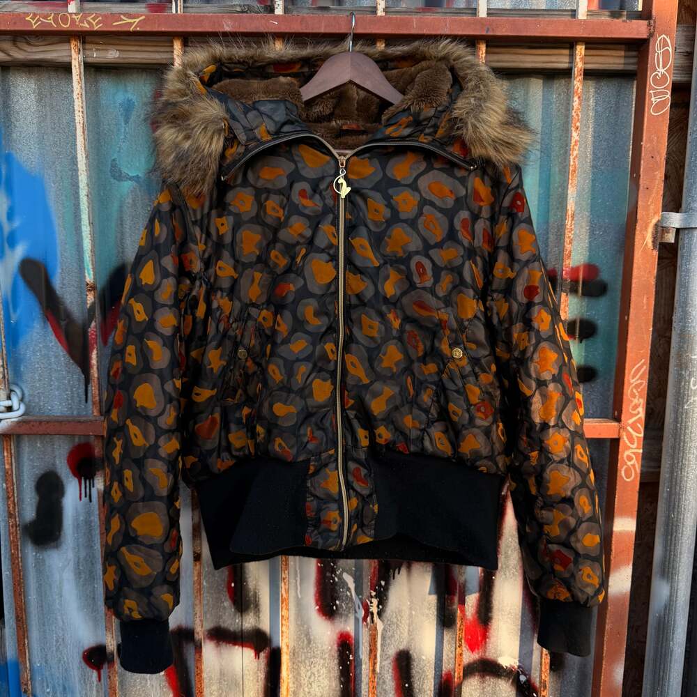 Vintage Baby Phat Y2K Reversible Hooded Puffer Jacket Leopard Print Black Gold